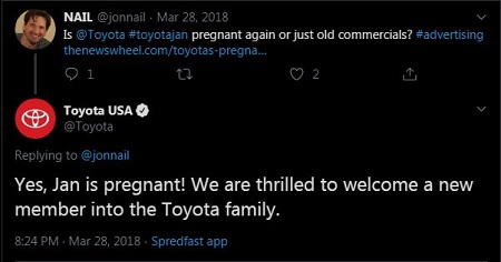 Nail's tweet and Toyota's responce about Laurel's pregnancy